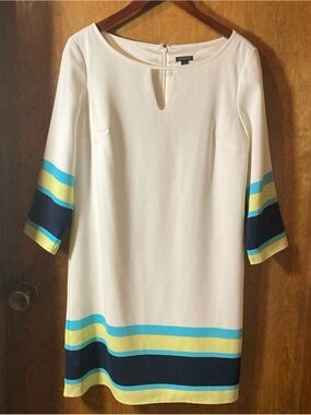 Ann Taylor Sz 4 3/4 Sleeve MIDI Length Shift Dress Navy/ Green Stripes